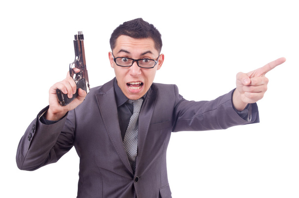 Смішний бізнесмен з пістолетом на білому
 - Фото, зображення
