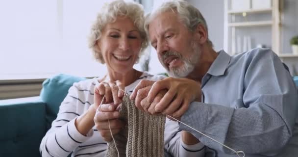 Happy middle aged married couple knitting handmade grey woolen scarf. - Materiał filmowy, wideo