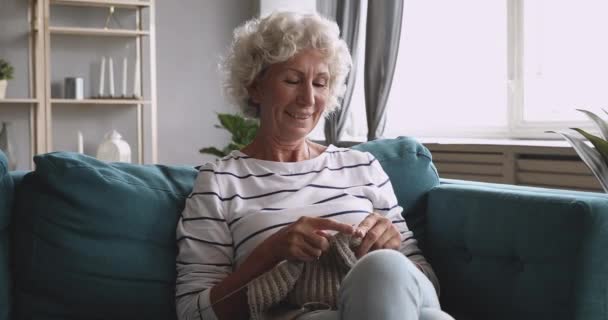 Happy elderly senior woman knitting handmade clothes. - Footage, Video