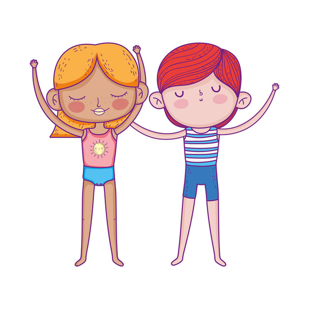 happy childrens day, smiling little boy and girl cartoon - Διάνυσμα, εικόνα