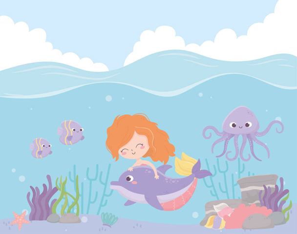 mermaid with dolphin octopus fishes coral cartoon under the sea - Wektor, obraz