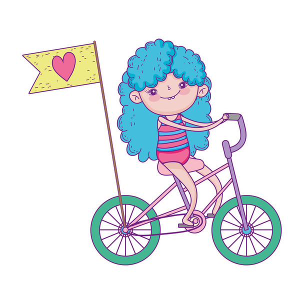 feliz dia das crianças, pequena bicicleta de equitação com bandeira amor desenhos animados
 - Vetor, Imagem
