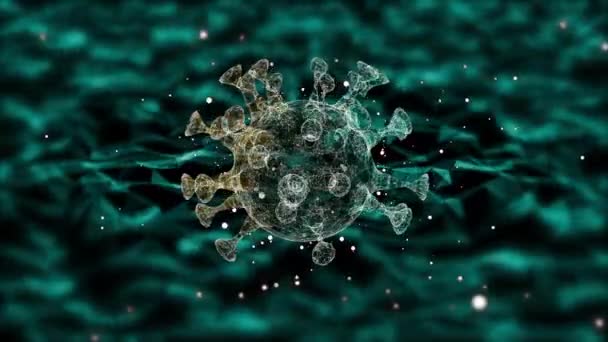 Gli anticorpi attaccano una cellula aliena o un virus che galleggia su uno sfondo verde poligonale astratto
. - Filmati, video
