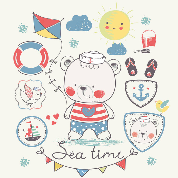 summer set.  hand drawn vector illustration with cute  baby bear.Can be used for baby t-shirt print, fashion print design, kids wear, baby shower celebration, greeting and invitation card. - Vector, Image