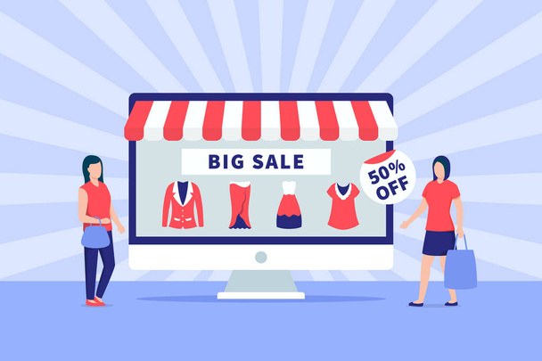 big sale promotion ecommerce banner with people and computer monitor screen - Vector, Image