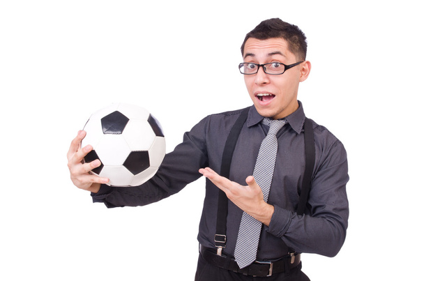 Lustiger Mann mit Fußball auf Weiß - Foto, Bild