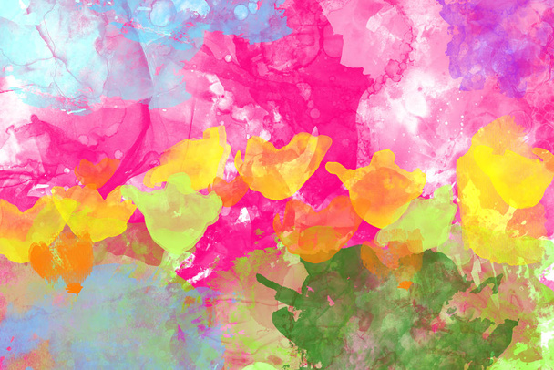 Αφηρημένη ακουαρέλα ζωγραφική των λουλουδιών την άνοιξη, πολύχρωμη εικόνα - Φωτογραφία, εικόνα