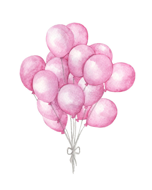 Aquarel luchtballonnen. Met de hand getrokken pakket van partij roze ballonnen geïsoleerd op witte achtergrond. Groet object kunst. - Foto, afbeelding