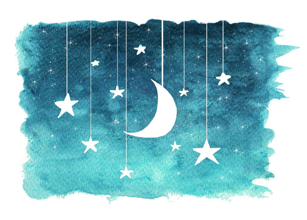 The moon and stars hanging from strings painted in watercolor on white isolated background, night sky background. - 写真・画像