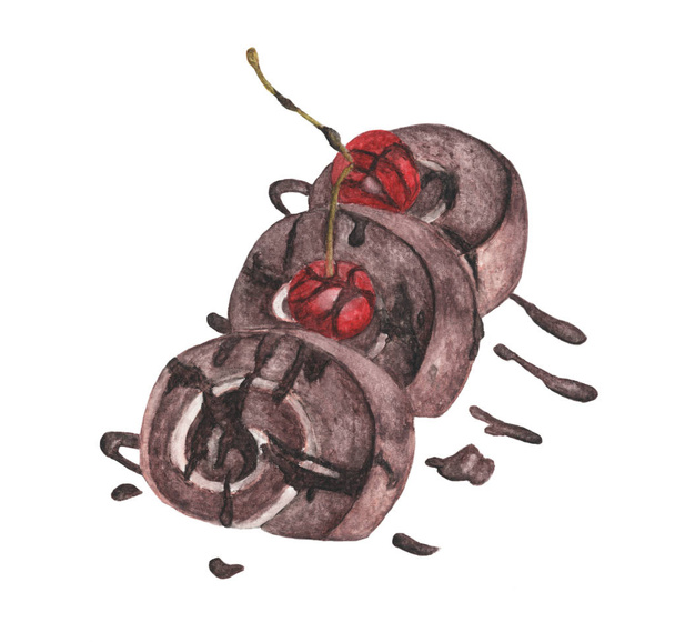 Pastel de rollo de chocolate y cobertura de chocolate con cereza fresca aislada sobre fondo blanco. Acuarela dibujada a mano ilustración
. - Foto, Imagen