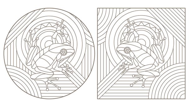 Conjunto de ilustraciones de contorno de vidrieras con ranas, contornos oscuros sobre fondo blanco
 - Vector, imagen