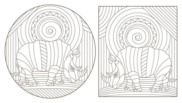 Conjunto de ilustraciones de contorno de vidrieras con rinocerontes, contornos oscuros sobre fondo blanco
 - Vector, Imagen