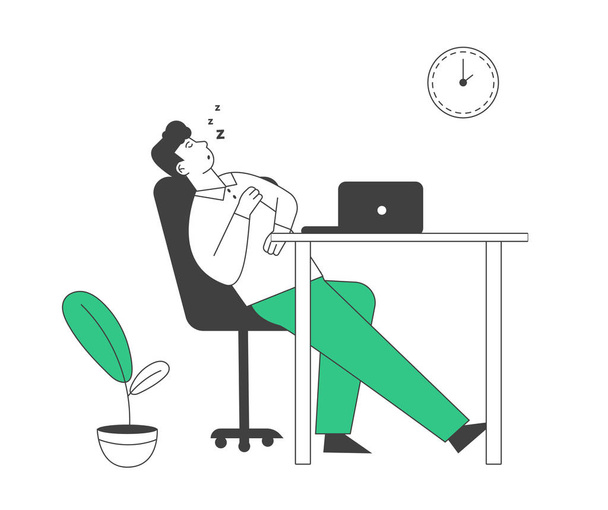 Промедление, симптомы переутомления. Ленивый, утомленный или утомленный бизнесмен с низкой жизненной энергией спит на рабочем месте, лежа на столе с компьютерной карикатурой Плоская векторная иллюстрация, Line Art
 - Вектор,изображение