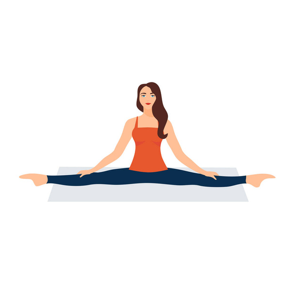 Vector illustration on white background. Asanas with twine in yoga. Beautiful young woman doing stretching gymnastic exercises. Woman sits in a sporty orange relaxed T-shirt - Vector, Image