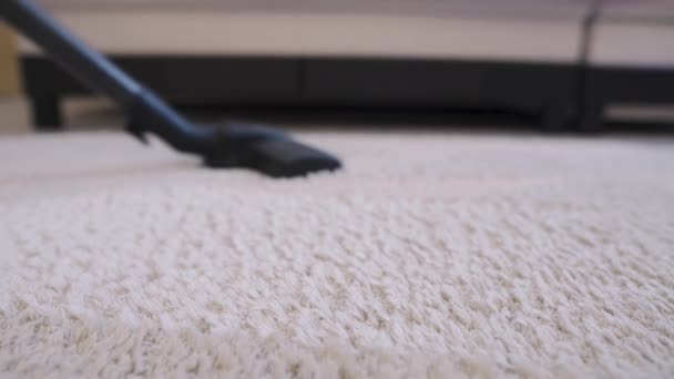 Mujer usando una aspiradora limpiando hermosa alfombra beige en la sala de estar
 - Imágenes, Vídeo