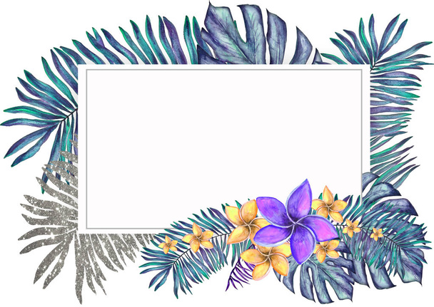 Trópusi pálma levelek és egzotikus virágok háttér. Akvarell és csillogás textúra. Nyári koncepció meghívó. Üdvözlőlap sablon. Szokatlan dizájn. Kézzel festett botanikai művészet. - Fotó, kép
