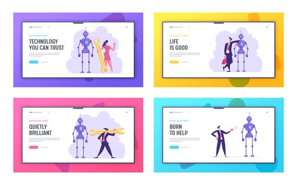 Artificial Intelligence Assembly Technology and Science Development Website Landing Page Set. Engineers or Business People Characters Set Up Ai Robot Web Page Banner. Cartoon Flat Vector Illustration - Vector, Image