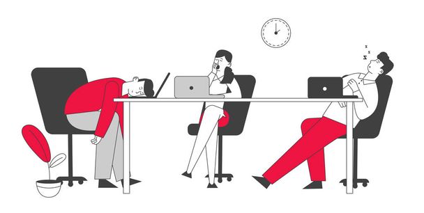 Procrastination Concept. Nudní, krkolomní a líní podnikatelé Zaměstnanci Spánek a zívání na pracovišti Kancelářský stůl Odkládání práce, nerentabilní Time Cartoon Flat Vector Illustration - Vektor, obrázek