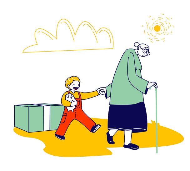 Старшая женщина с тростью для ходьбы собирается с маленьким мальчиком, чтобы получить гуманитарную помощь, уязвимые социальные группы, бедные люди нуждаются в помощи и материальной помощи, мультфильм плоский вектор иллюстрации, Line Art
 - Вектор,изображение