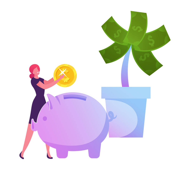 Businesswoman Put Golden Coin to Piggy Bank near Huge Potted Money Tree with Dollars. Investment Strategy, Savings and Capital, Finctech, Financial Technologies Cartoon Flat Vector Illustration - Vektor, obrázek