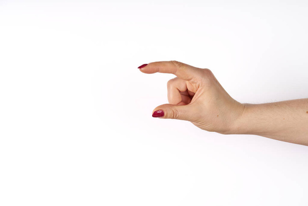 Femme signe de la main isolé sur fond blanc. Taille moyenne
 - Photo, image