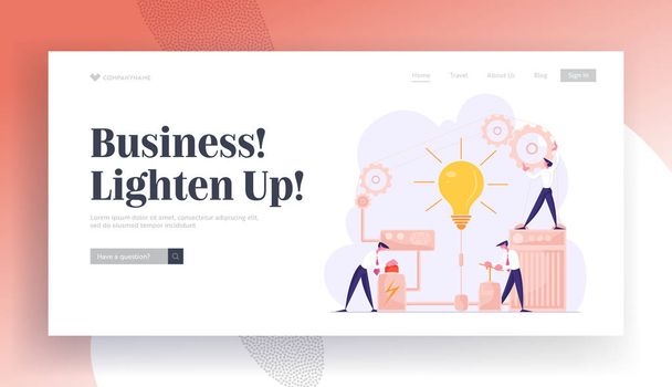 Business Project Startup and Searching Solution Website Landing Page. Businessmen Launch Huge Light Bulb Pushing Lever Arm and Red Button in Mechanism Web Page Banner. Cartoon Flat Vector Illustration - Vector, Image