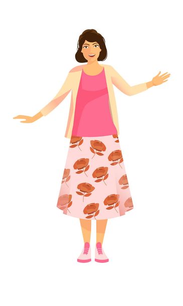 A young woman in a skirt with red roses. Standing at full height. - Vector, Image