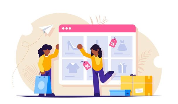 Online shopping. Girls make purchases in the online store. The product catalog on the web browser page. The girl chooses new shoes. Paper bag and shopping boxes. Vector isolated illustration. - Vector, Image