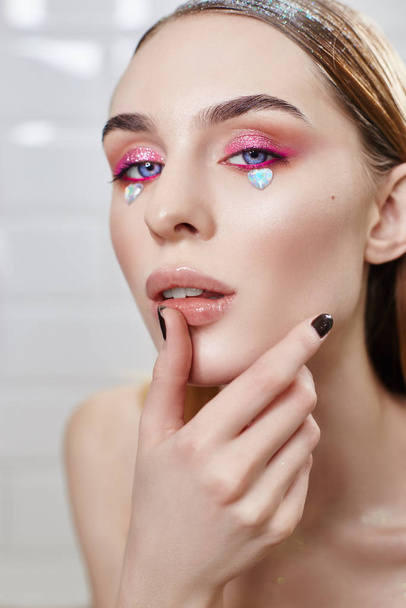 Advertising Makeup Beautiful plump lips bright pink color, woman - Foto, immagini