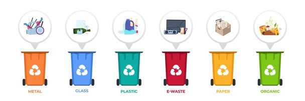 Reciclagem de lixo. Recipientes com resíduos triados, infográfico com separação de descarte, papel plástico metal orgânico e descarte tóxico. Conjunto de vetores
 - Vetor, Imagem
