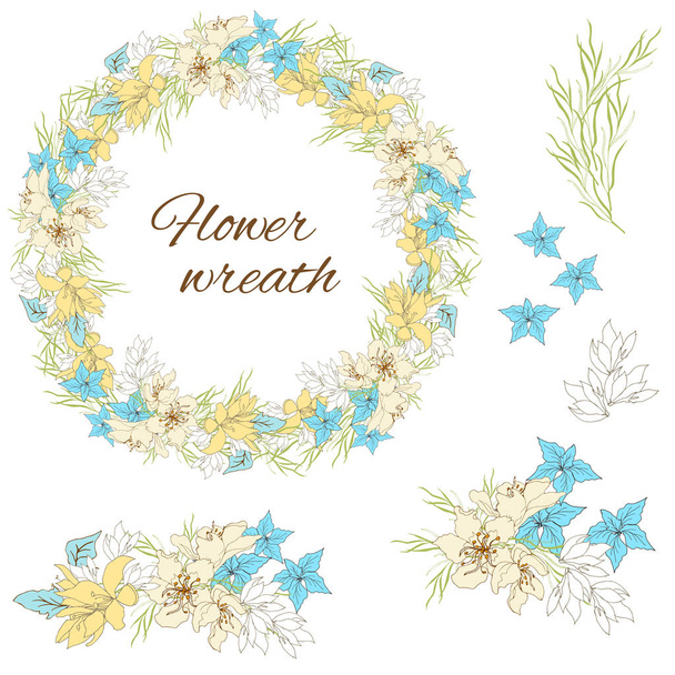 Conjunto floral en estilo retro sobre fondo blanco de delicadas flores ligeras. Ilustración vectorial, pincel de flores y corona
. - Vector, Imagen