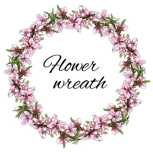 A wreath of gentle pink flowers on a white background. Vector ink drawn illustration for decorating cards, greetings and invitations. - Vettoriali, immagini