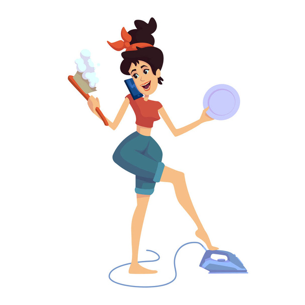 Housewife flat cartoon vector illustration. Woman doing housework. Gemini zodiac sign personality. Ready to use 2d character template for commercial, animation, printing design. Isolated comic hero - Διάνυσμα, εικόνα