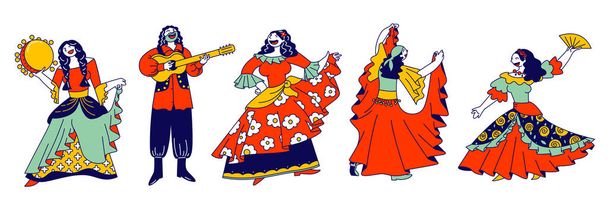 Mustalainen Ensemble Dancing and Playing on Musical Instruments. Romany Mies kitara ja Gipsy Naisten kaunis värikäs Mekot Tanssi tamburiini ja Tuuletin sarjakuva tasainen vektori kuvitus, Line Art
 - Vektori, kuva