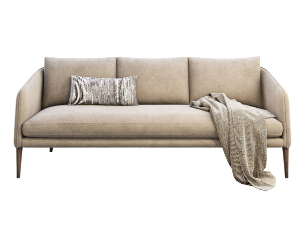 Light beige fabric sofa with pillow and plaid. 3d render - Photo, Image