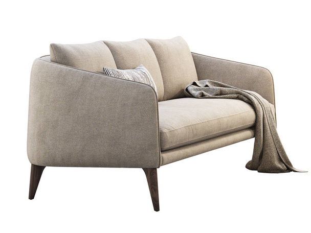 枕と再生ライトベージュ生地のソファ。3Dレンダリング - 写真・画像