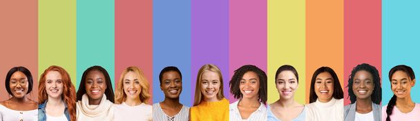 Rainbow collage of multiracial smiling young girls - Zdjęcie, obraz
