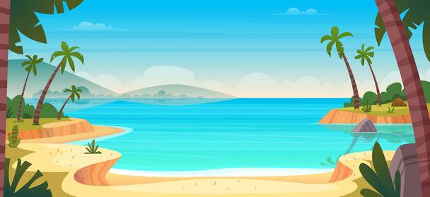 Dibujos animados verano playa paraíso salvaje. Paraíso vacaciones en la naturaleza, el océano o la orilla del mar. Paisaje costero
 - Vector, imagen