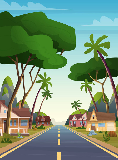 Cartoni animati paesaggio pianeggiante Case locali cottage vicino alla strada nella foresta della giungla su uno sfondo di catene montuose
. - Vettoriali, immagini