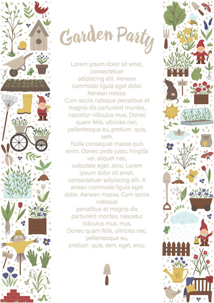 Ramka wektorowa pionowa z narzędziami ogrodowymi, kwiatami, ziołami,  - Wektor, obraz