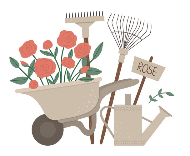 Vector illustration of colorful garden wheel barrow with rose fl - Vector, Image