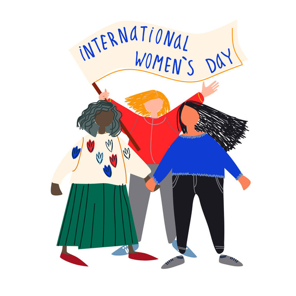 Иллюстрация ко Дню женщин. Женщины стоят вместе с флагом
 - Вектор,изображение