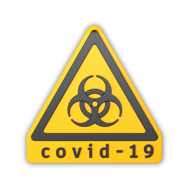 3d καθιστούν κίτρινο προειδοποιητικό σήμα βιολογικού κινδύνου και το μήνυμα covid-2019 - Φωτογραφία, εικόνα
