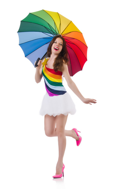 Woman with umbrella isolated on white - Φωτογραφία, εικόνα