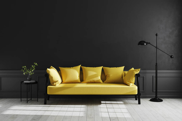 Luxus dunkles Wohnzimmer Innenhintergrund, schwarze leere Wand-Attrappe, modernes Wohnzimmer mit gelbem Sofa und schwarzer Lampe und Tisch, helle Farben Innenraum, skandinavischen Stil, 3D-Rendering - Foto, Bild