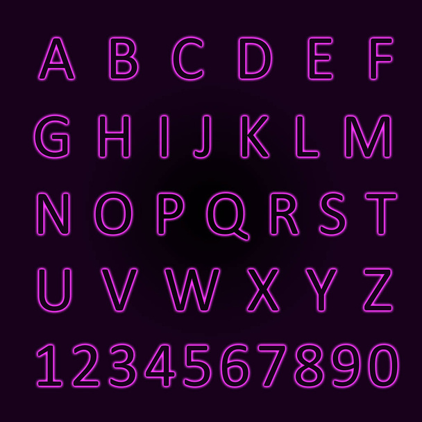 Świecący neonowy różowy alfabet z literami od A do Z i cyframi od 1 do 0. - Zdjęcie, obraz