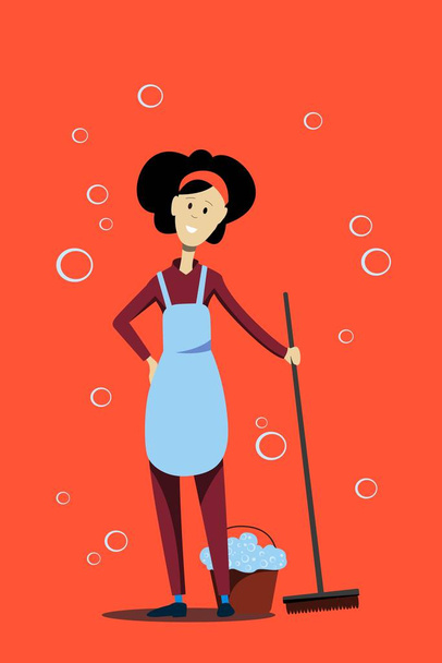 Dívka uklízečka s mopem v ruce stojí. Úklidové služby. Vektorová ilustrace. - Vektor, obrázek