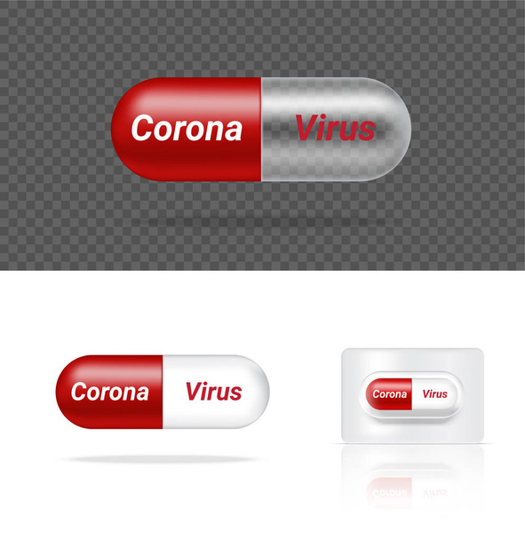 Corona Virus Medicine. Mock up Realistic Transparent Pill Capsule Panel on White Background Vector Illustration. Tablets Medical and Health Concept. - Вектор,изображение