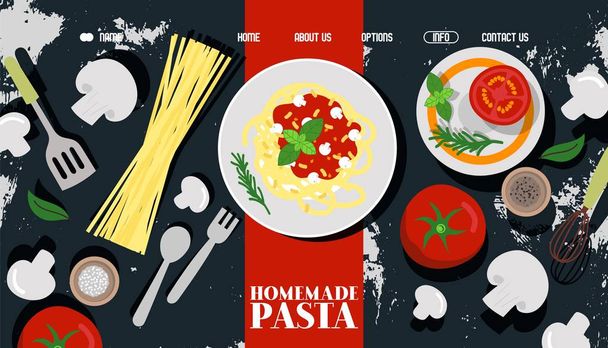 Homemade pasta vector illustration for Italian food restaurant landing page with spaghetti, tomato sauce, basil and mushrooms. - ベクター画像