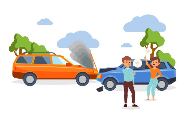 Auto-ongeluk vector illustratie met mensen cartoon tekens met conflict als gevolg van botsing van het voertuig. - Vector, afbeelding